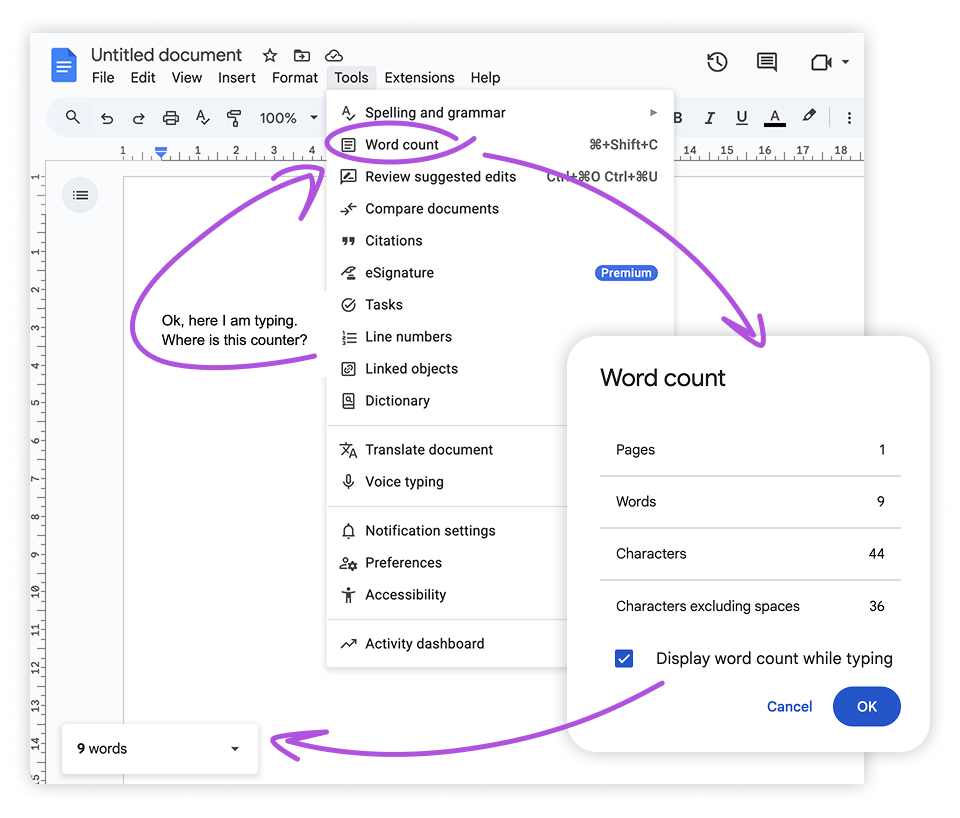 Google Docs licznik sł&oacute;w
